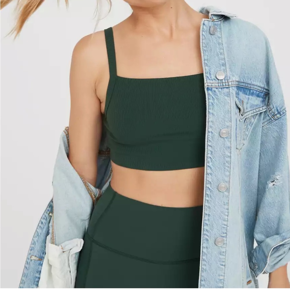 OFFLINE by Aerie Dark Green Square Neck Ribbed Sports Bra